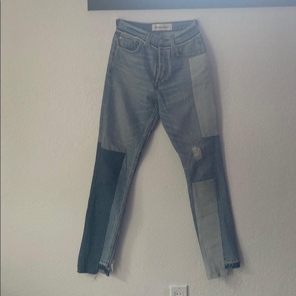 reformation patched jeans